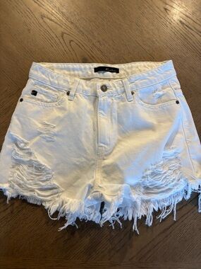KanCan White Ripped Fringe Denim Shorts